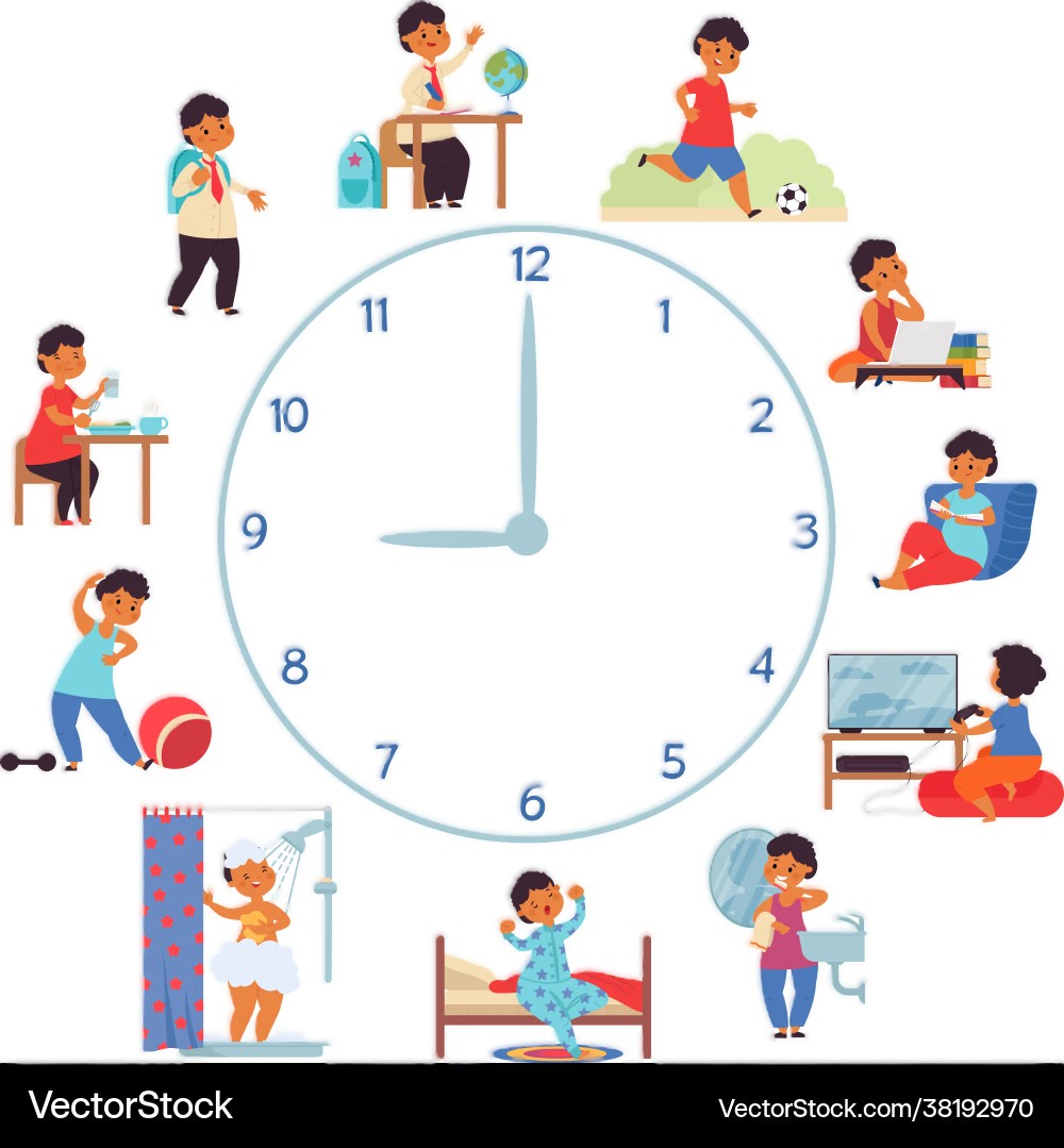 a boy's daily routine pics displayed over a clock