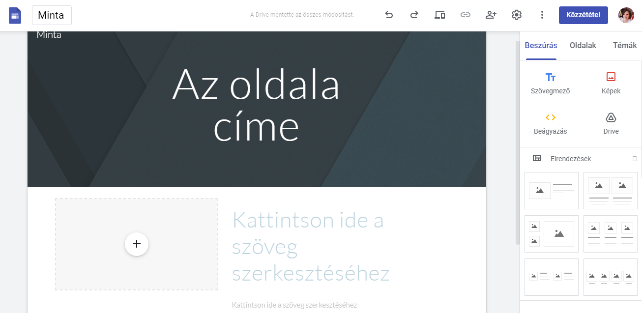 A Google Sites kezelőfelülete
