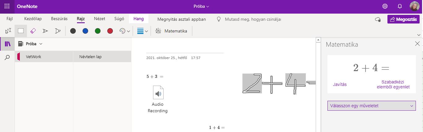 Szabad kézzel írt matematikai művelet OneNote