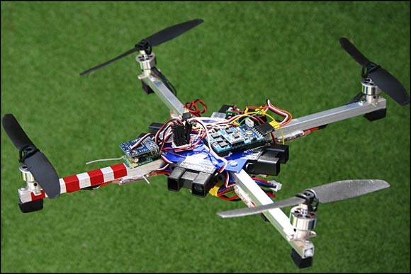 Picture 2. Prototype of quadrocopeter made mainly with standard parts (elise, motor) and partially inventor's developed parts (hardware and software)