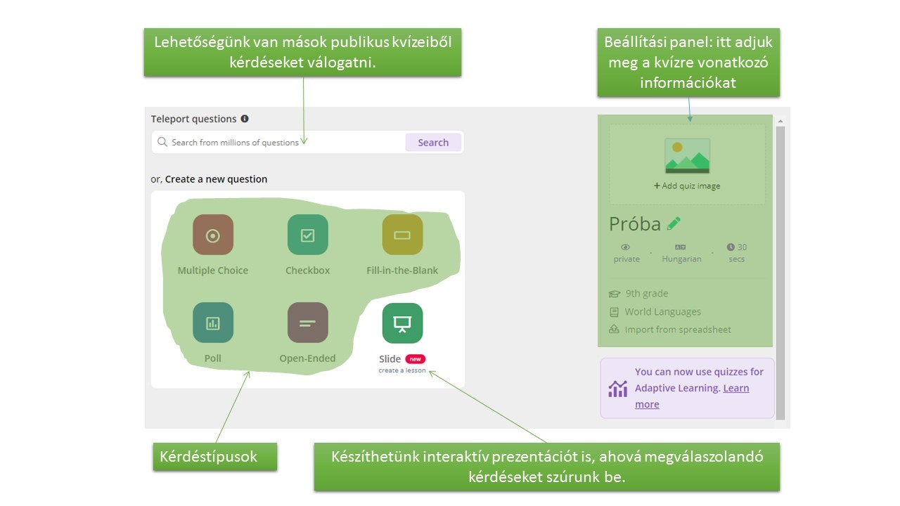 A Quizizz kezelőfelülete