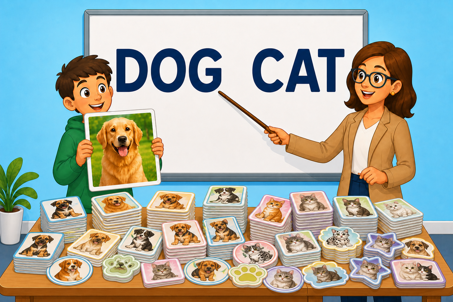 Supervised learning illustrated with labelled pictures of dogs and cats
