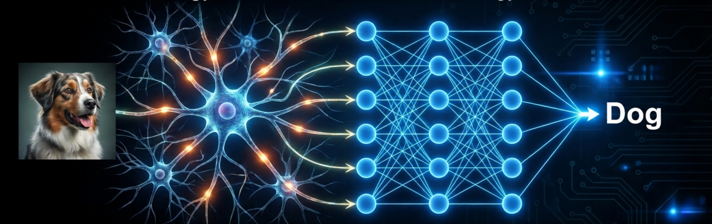 A dog's image is processed through a network resembling biological neurons, then through artificial neurons; the output is Dog.