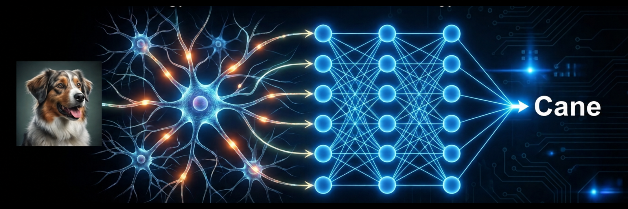 L’immagine di un cane viene elaborata da una rete che richiama neuroni biologici e poi da neuroni artificiali; l’output è Cane.