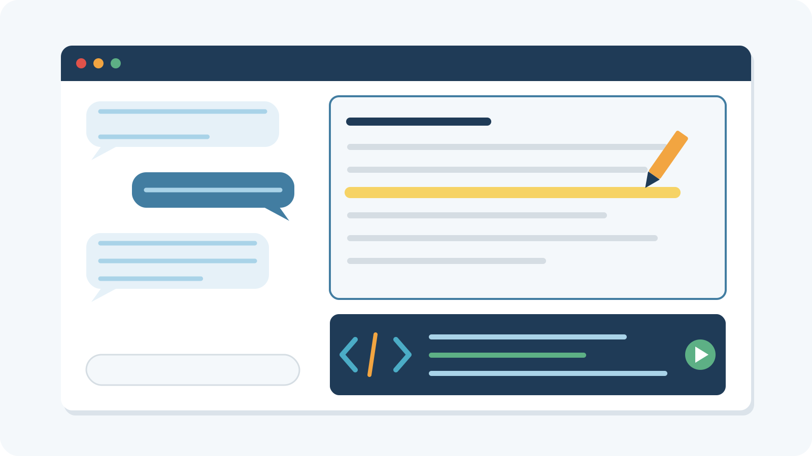 A conversation alongside editable text with a selected section and a runnable code block