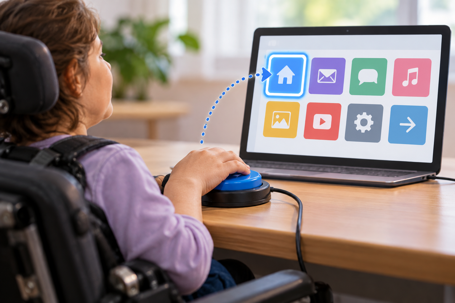 A wheelchair user selects icons on a laptop screen using a large switch.
