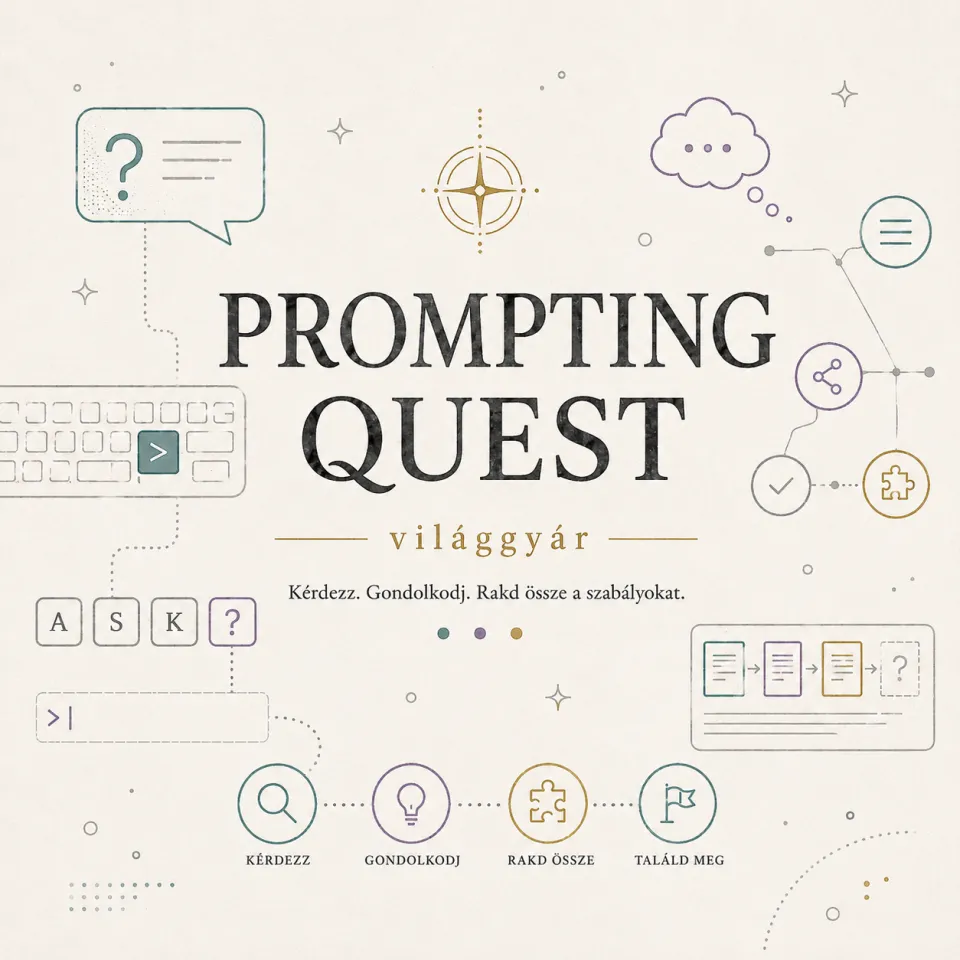 Prompting Quest borítókép kérdésbuborékokkal, billentyűzettel és játékikonokkal.